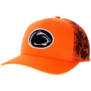 trucker hat orange camo with embroidered Penn State Athletic Logo